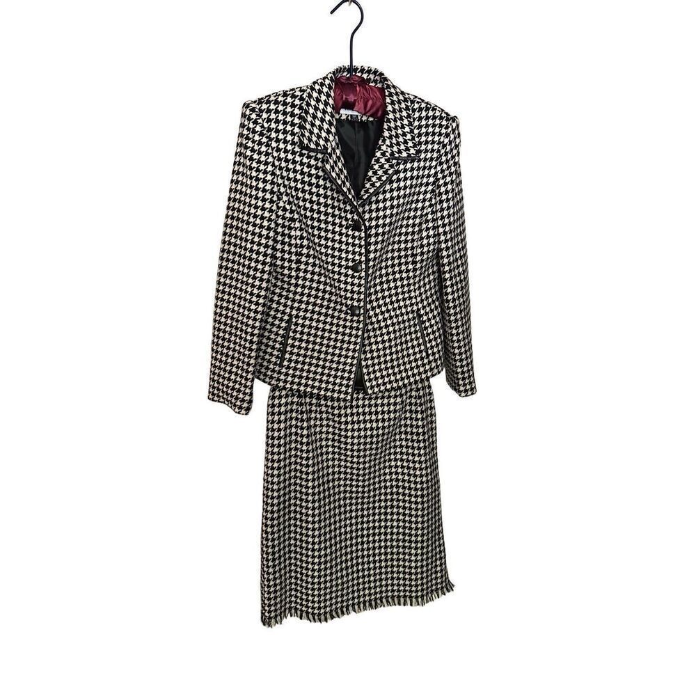 Vintage Kasper APL Houndstooth Black & White Wool 2 Piece Blazer Skirt Set | 10P